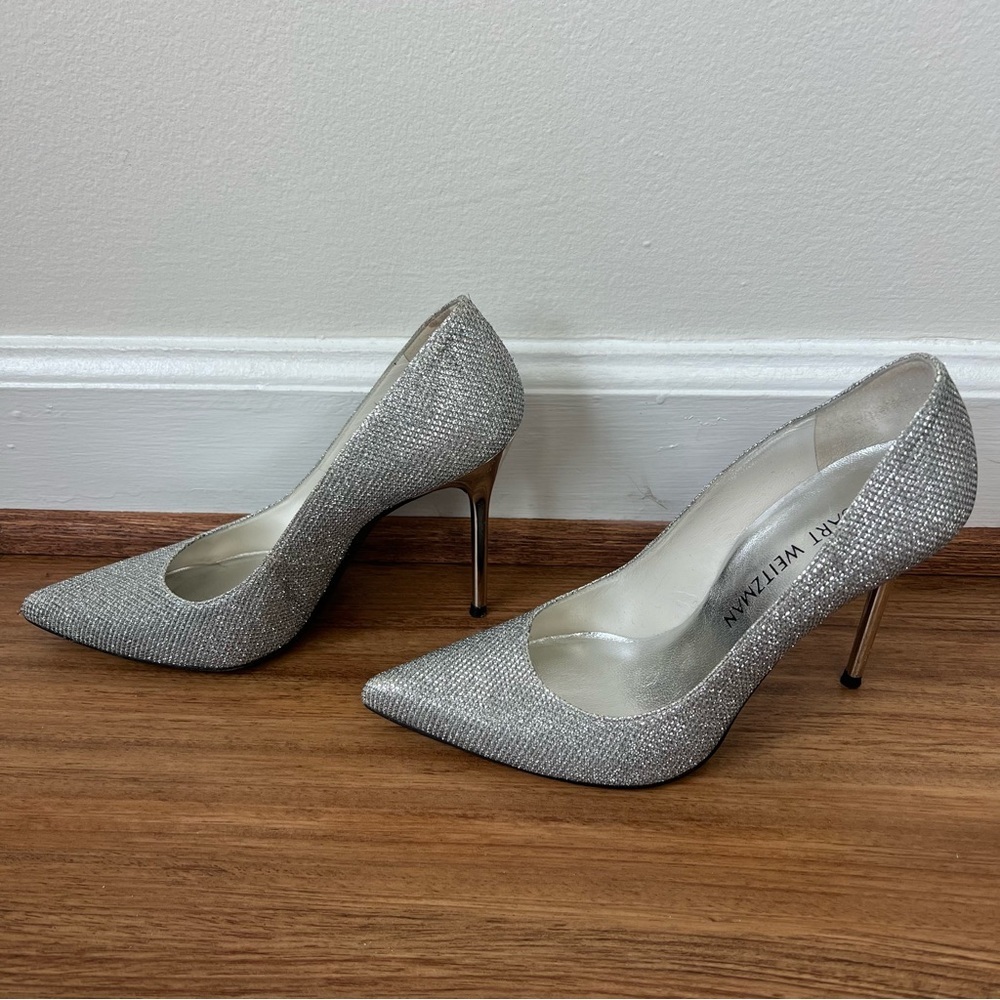 Stuart Weitzman Silver Sparkle Pointed High Heel … - image 6